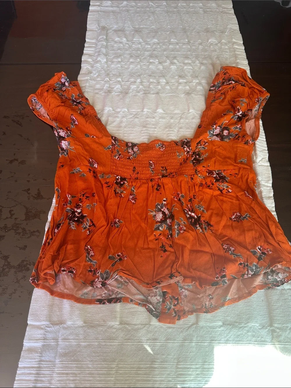 Free People Bright Orange Floral Button-Up Puff Sleeve Top